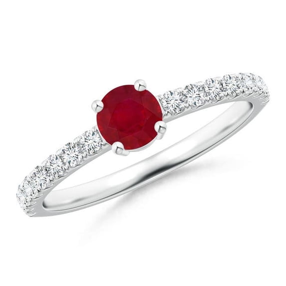 ANGARA Natural Classic Solitaire Ruby Promise Ring with Pave Diamonds in 14K White Gold for Women (Size-4.5mm) | July Birthstone, Birthday, Anniversary, Jewelry Gift for Women | Natural Ruby Ring