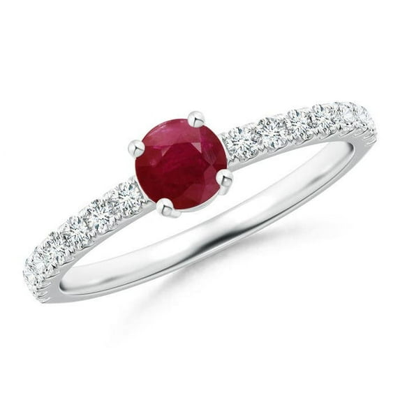 ANGARA Natural Classic Solitaire Ruby Promise Ring with Pave Diamonds in 14K White Gold for Women (Size-4.5mm) | July Birthstone, Birthday, Anniversary, Jewelry Gift for Women | Natural Ruby Ring