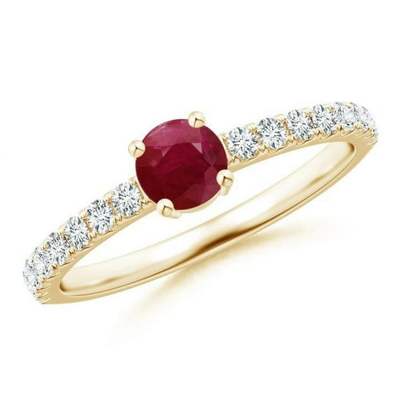 ANGARA Natural Classic Solitaire Ruby Promise Ring with Pave Diamonds in 14K Yellow Gold for Women (Size-4.5mm) | July Birthstone, Birthday, Anniversary, Jewelry Gift for Women | Natural Ruby Ring