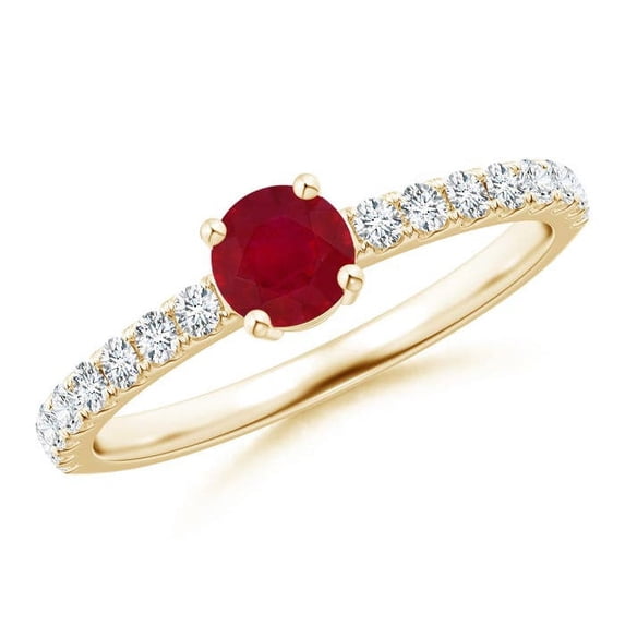 ANGARA Natural Classic Solitaire Ruby Promise Ring with Pave Diamonds in 14K Yellow Gold for Women (Size-4.5mm) | July Birthstone, Birthday, Anniversary, Jewelry Gift for Women | Natural Ruby Ring