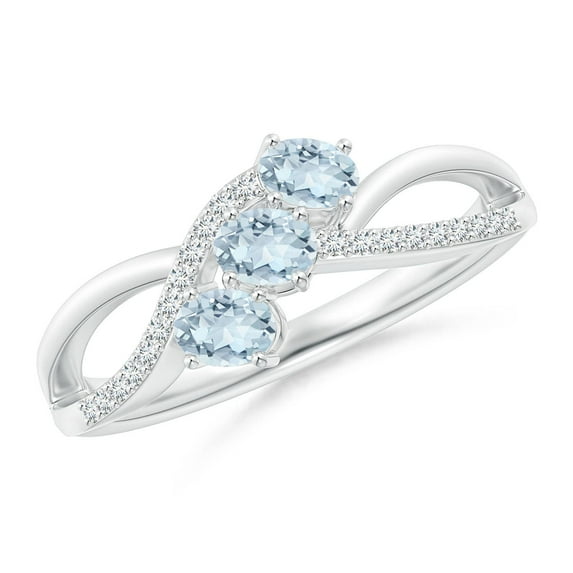 ANGARA Natural Oval Aquamarine Three Stone Bypass Ring with Diamonds in 14K White Gold for Women (Size-4x3mm) | March Birthstone, Anniversary, Jewelry Gift for Women | Natural Aquamarine Ring