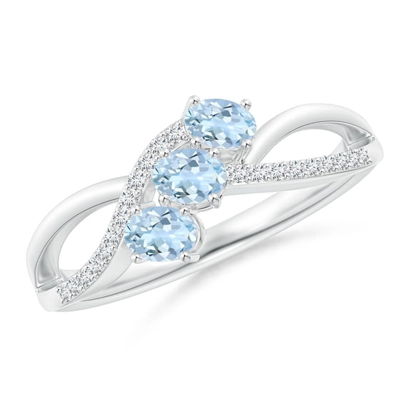 ANGARA Natural Oval Aquamarine Three Stone Bypass Ring with Diamonds in 14K White Gold for Women (Size-4x3mm) | March Birthstone, Anniversary, Jewelry Gift for Women | Natural Aquamarine Ring