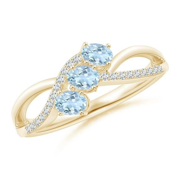 ANGARA Natural Oval Aquamarine Three Stone Bypass Ring with Diamonds in 14K Yellow Gold for Women (Size-4x3mm) | March Birthstone, Anniversary, Jewelry Gift for Women | Natural Aquamarine Ring