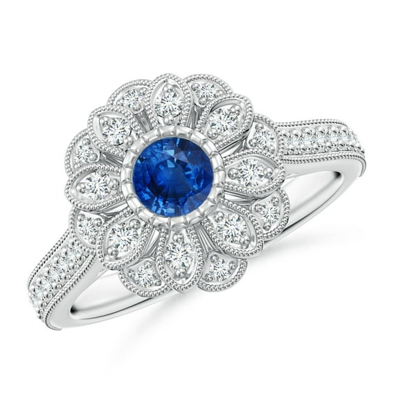 ANGARA Natural Vintage Inspired Sapphire Floral Halo Ring with Milgrain in 14K White Gold for Women (Size-4.5mm) | September Birthstone, Anniversary, Jewelry Gift for Women | Natural Sapphire Ring