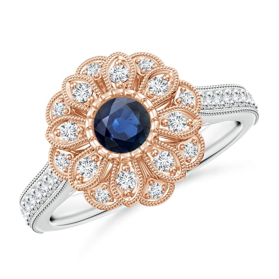 ANGARA Natural Vintage Inspired Sapphire Floral Ring with Milgrain in 14K White & Rose Gold for Women (Size-4.5mm) | September Birthstone, Anniversary, Jewelry Gift for Women | Natural Sapphire Ring