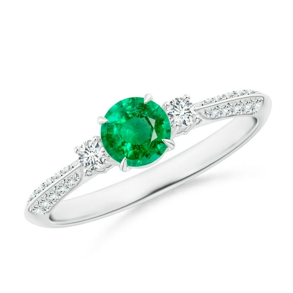 ANGARA Natural Three Stone Emerald and Diamond Ring in 14K White Gold for Women (Size-5mm) | May Birthstone, Birthday, Anniversary, Jewelry Gift for Women | Natural Emerald Ring