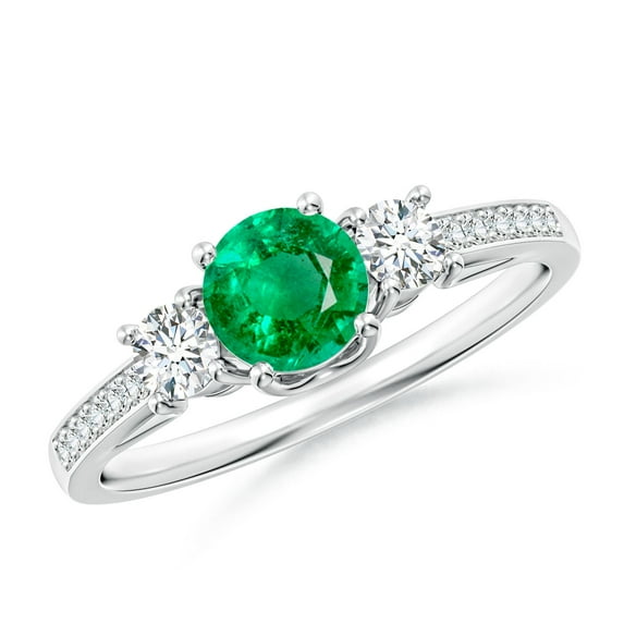 ANGARA Natural Classic Prong Set Round Emerald and Diamond Three Stone Ring in 14K White Gold for Women (Size-5mm) | May Birthstone, Anniversary, Jewelry Gift for Women | Natural Emerald Ring