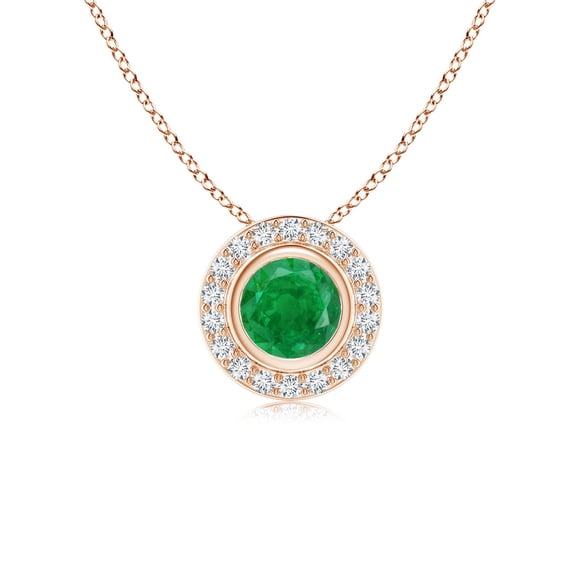 ANGARA Natural Round Bezel-Set Emerald Pendant with Diamond Halo in 14K Rose Gold for Women (Size-5mm) | May Birthstone, Birthday, Anniversary, Jewelry Gift for Women | Natural Emerald Necklace