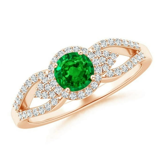 ANGARA Natural Split Shank Round Emerald Halo Ring with Cluster Diamonds in 14K Rose Gold for Women (Size-5mm) | May Birthstone, Birthday, Anniversary, Jewelry Gift for Women | Natural Emerald Ring