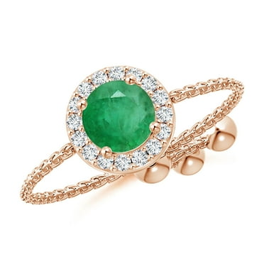 ANGARA Natural Round Emerald Bolo Ring with Diamond Halo in 14K Rose Gold for Women (Size-5mm) | May Birthstone, Birthday, Anniversary, Jewelry Gift for Women | Natural Emerald Ring