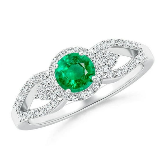 ANGARA Natural Split Shank Round Emerald Halo Ring with Cluster Diamonds in 14K White Gold for Women (Size-5mm) | May Birthstone, Birthday, Anniversary, Jewelry Gift for Women | Natural Emerald Ring
