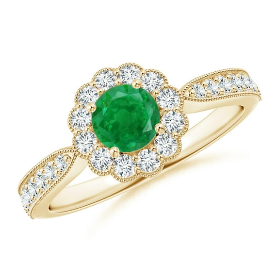Angara Natural 0.45 Ct. Emerald with Diamond Halo Ring in 14K Yellow Gold for Women (Ring Size: 12)