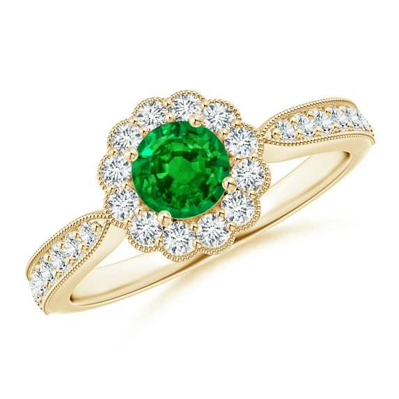 Angara Natural 0.45 Ct. Emerald with Diamond Halo Ring in 14K Yellow Gold for Women (Ring Size: 3)