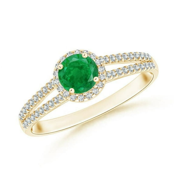 ANGARA Natural Twin Shank Emerald Halo Ring with Diamond Accents in 14K Yellow Gold for Women (Size-5mm) | May Birthstone, Birthday, Anniversary, Jewelry Gift for Women | Natural Emerald Ring