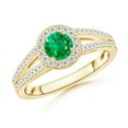 thumbnail image 1 of ANGARA Natural Round Emerald Split Shank Ring with Diamond Halo in 14K Yellow Gold for Women (Size-5mm) | May Birthstone, Birthday, Anniversary, Jewelry Gift for Women | Natural Emerald Ring, 1 of 8