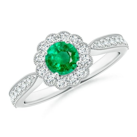 Angara Natural 0.45 Ct. Emerald with Diamond Halo Ring in Sterling Silver for Women (Ring Size: 6.5)