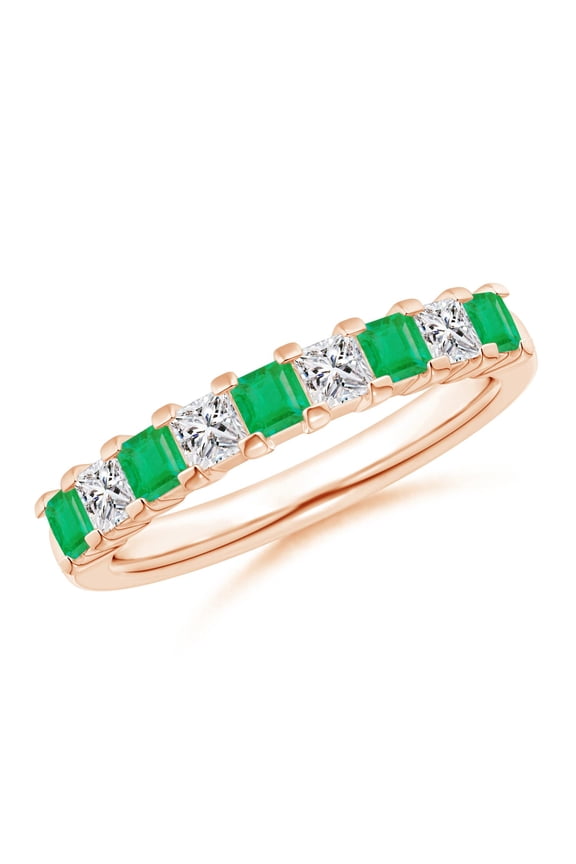 Natural Square Emerald and Princess Diamond Semi Eternity Wedding Ring in 14K Rose Gold for Women (Size-2.6mm) | May Birthstone, Anniversary, Jewelry Gift for Women | Natural Emerald Ring