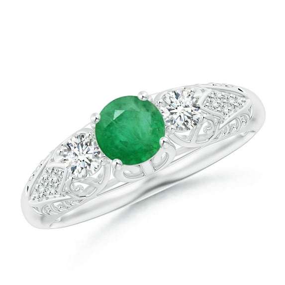 ANGARA Natural Aeon Vintage Style Emerald and Diamond Three Stone Engagement Ring in 14K White Gold for Women (Size-5mm) | May Birthstone, Anniversary, Jewelry Gift for Women | Natural Emerald Ring