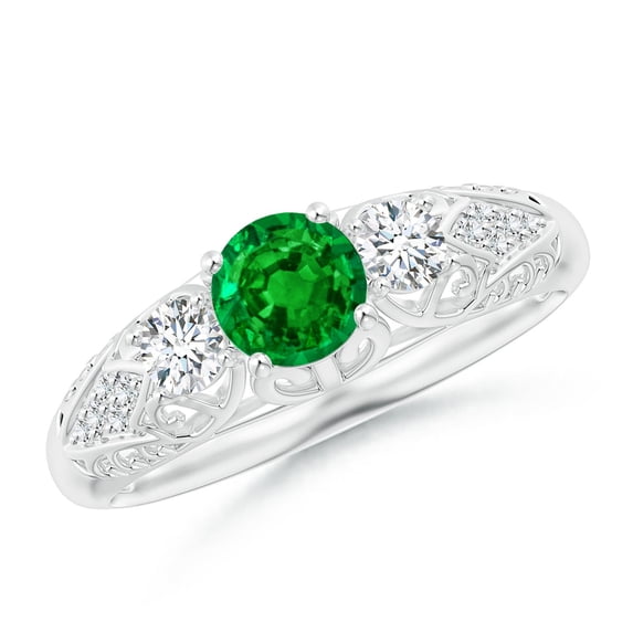 ANGARA Natural Aeon Vintage Style Emerald and Diamond Three Stone Engagement Ring in 14K White Gold for Women (Size-5mm) | May Birthstone, Anniversary, Jewelry Gift for Women | Natural Emerald Ring