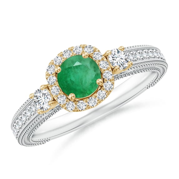 ANGARA Natural Vintage Inspired Round Emerald Halo Ring with Filigree in 14K White & Yellow Gold for Women (Size-5mm) | May Birthstone, Anniversary, Jewelry Gift for Women | Natural Emerald Ring