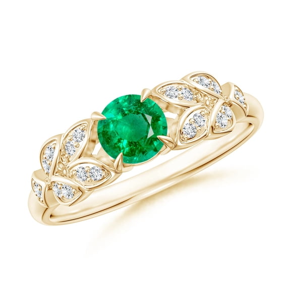 ANGARA Natural Nature Inspired Round Emerald Leaf Shank Ring in 14K Yellow Gold for Women (Size-5mm) | May Birthstone, Birthday, Anniversary, Jewelry Gift for Women | Natural Emerald Ring