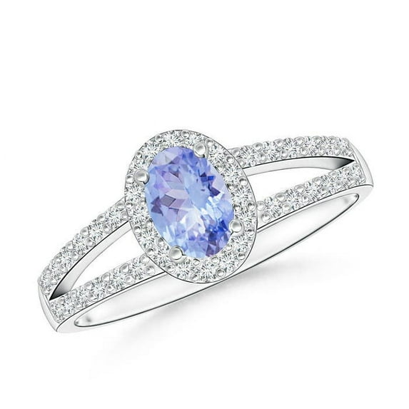 ANGARA Natural Oval Tanzanite Split Shank Halo Ring in 14K White Gold for Women (Size-6x4mm) | December Birthstone, Birthday, Anniversary, Jewelry Gift for Women | Natural Tanzanite Ring