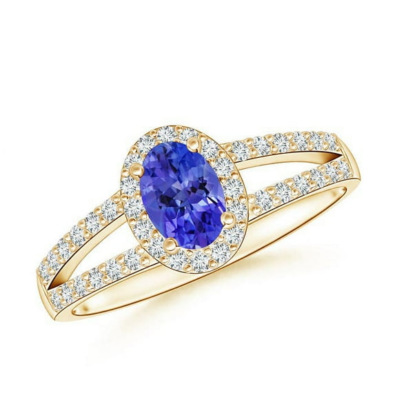 ANGARA Natural Oval Tanzanite Split Shank Halo Ring in 14K Yellow Gold for Women (Size-6x4mm) | December Birthstone, Birthday, Anniversary, Jewelry Gift for Women | Natural Tanzanite Ring