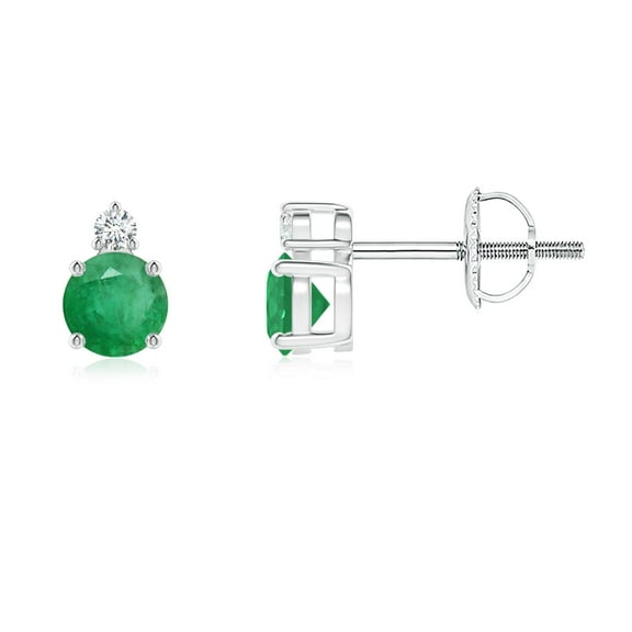ANGARA Natural Basket-Set Round Emerald Stud Earrings with Diamond in 14K White Gold for Women (Size-4mm) | May Birthstone, Birthday, Anniversary, Jewelry Gift for Women | Natural Emerald Earrings