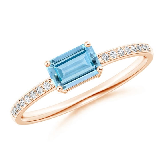 ANGARA Natural East-West Emerald-Cut Aquamarine Solitaire Ring in 14K Rose Gold for Women (Size-6x4mm) | March Birthstone, Birthday, Anniversary, Jewelry Gift for Women | Natural Aquamarine Ring