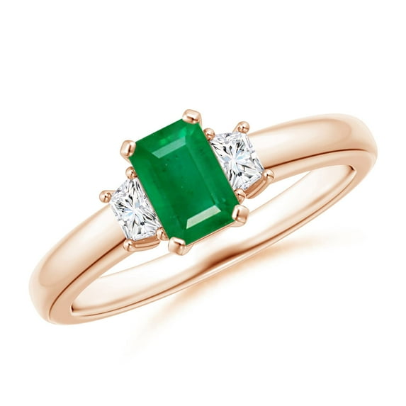 ANGARA Natural Emerald and Diamond Three Stone Ring in 14K Rose Gold for Women (Size-6x4mm) | May Birthstone, Birthday, Anniversary, Jewelry Gift for Women | Natural Emerald Ring