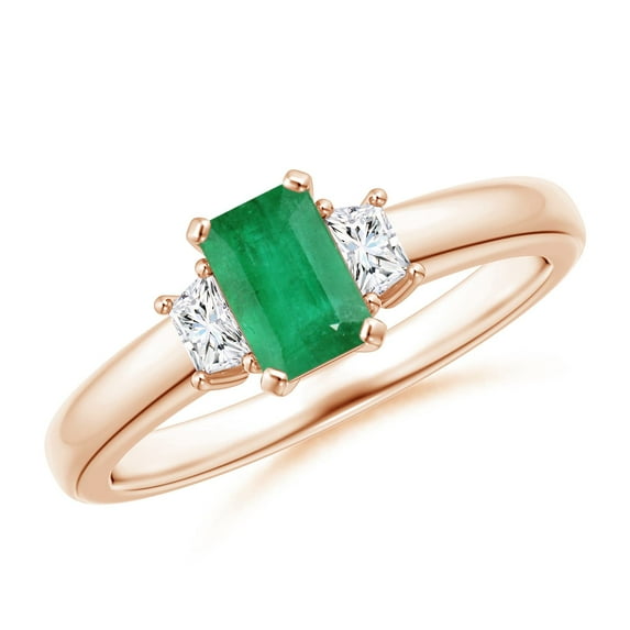 ANGARA Natural Emerald and Diamond Three Stone Ring in 14K Rose Gold for Women (Size-6x4mm) | May Birthstone, Birthday, Anniversary, Jewelry Gift for Women | Natural Emerald Ring