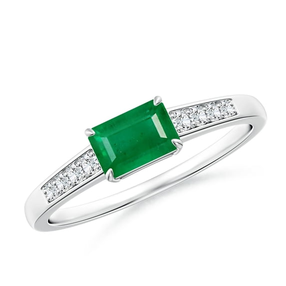 ANGARA Natural East West Emerald-Cut Emerald Solitaire Ring with Diamond Accents in 14K White Gold for Women (Size-6x4mm) | May Birthstone, Anniversary, Jewelry Gift for Women | Natural Emerald Ring