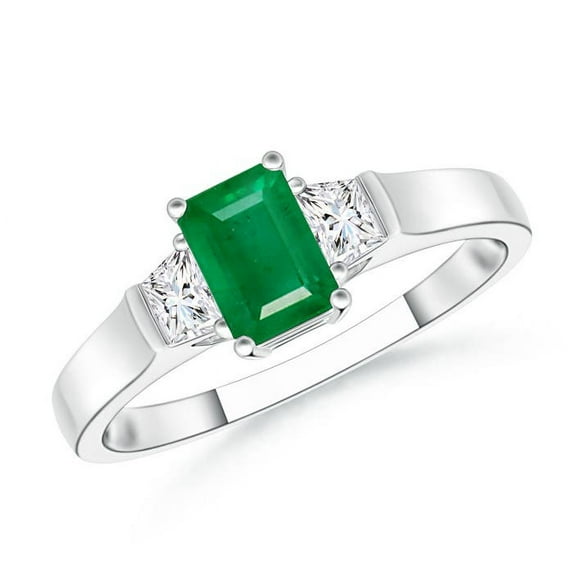 ANGARA Natural Emerald-Cut Emerald and Trapezoid Diamond Three Stone Ring in 14K White Gold for Women (Size-6x4mm) | May Birthstone, Anniversary, Jewelry Gift for Women | Natural Emerald Ring