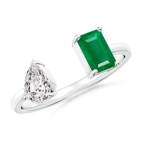ANGARA Natural Two-Stone Emerald-Cut Emerald & Pear Diamond Open Ring in 14K White Gold for Women (Size-6x4mm) | May Birthstone, Birthday, Anniversary, Jewelry Gift for Women | Natural Emerald Ring