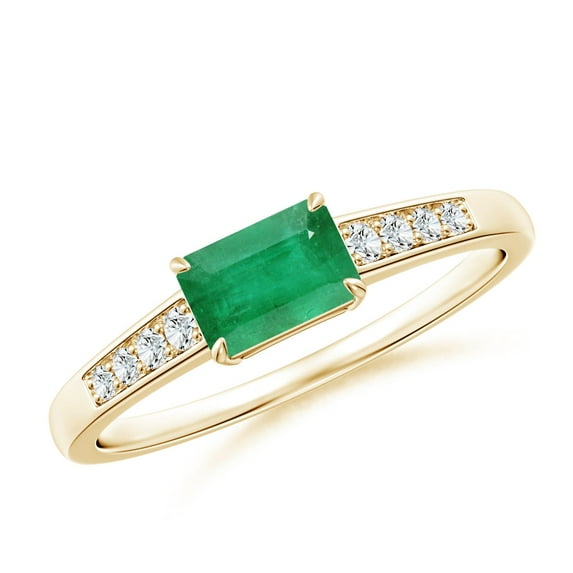 ANGARA Natural East West Emerald-Cut Emerald Solitaire Ring with Diamond Accents in 14K Yellow Gold for Women (Size-6x4mm) | May Birthstone, Anniversary, Jewelry Gift for Women | Natural Emerald Ring