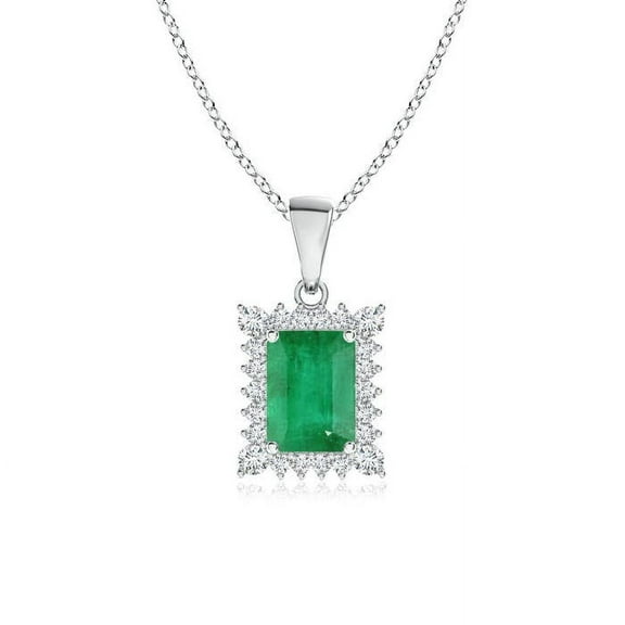 ANGARA Natural Vintage Style Emerald-Cut Emerald Halo Pendant in 14K White Gold for Women (Size-6x4mm) | May Birthstone, Birthday, Anniversary, Jewelry Gift for Women | Natural Emerald Necklace