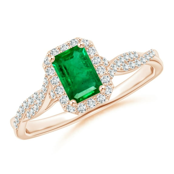 ANGARA Natural Emerald-Cut Emerald Halo Twisted Shank Ring in 14K Rose Gold for Women (Size-6x4mm) | May Birthstone, Birthday, Anniversary, Jewelry Gift for Women | Natural Emerald Ring