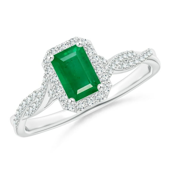 ANGARA Natural Emerald-Cut Emerald Halo Twisted Shank Ring in 14K White Gold for Women (Size-6x4mm) | May Birthstone, Birthday, Anniversary, Jewelry Gift for Women | Natural Emerald Ring