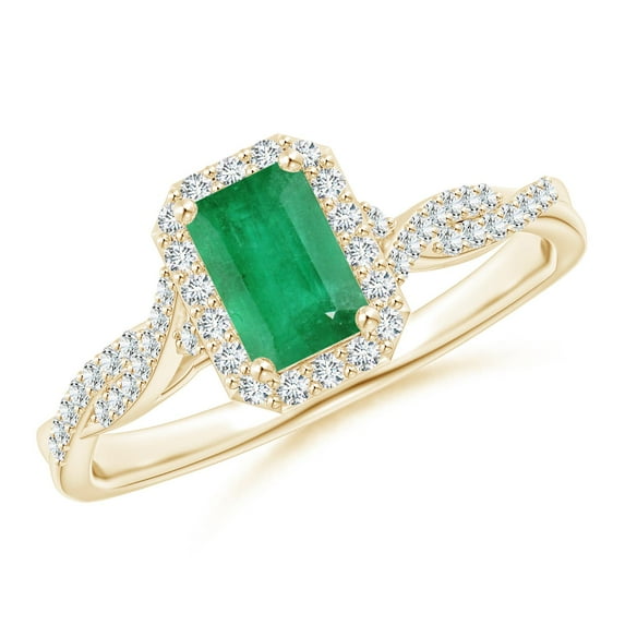 ANGARA Natural Emerald-Cut Emerald Halo Twisted Shank Ring in 14K Yellow Gold for Women (Size-6x4mm) | May Birthstone, Birthday, Anniversary, Jewelry Gift for Women | Natural Emerald Ring
