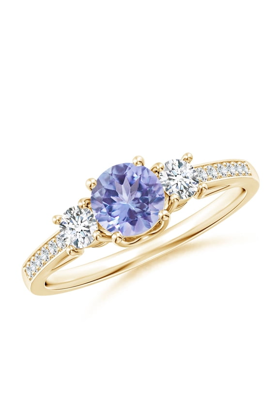 Natural Prong Set Tanzanite and Diamond Three Stone Engagement Ring in 14K Yellow Gold for Women (Size-5mm) | December Birthstone, Anniversary, Jewelry Gift for Women | Natural Tanzanite Ring