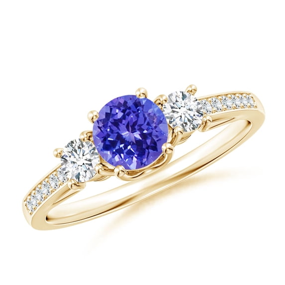 ANGARA Natural Prong Set Tanzanite and Diamond Three Stone Engagement Ring in 14K Yellow Gold for Women (Size-5mm) | December Birthstone, Anniversary, Jewelry Gift for Women | Natural Tanzanite Ring