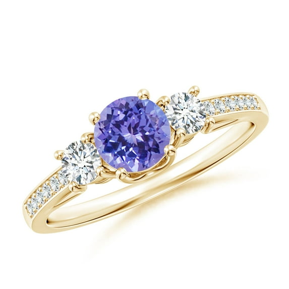 ANGARA Natural Prong Set Tanzanite and Diamond Three Stone Engagement Ring in 14K Yellow Gold for Women (Size-5mm) | December Birthstone, Anniversary, Jewelry Gift for Women | Natural Tanzanite Ring