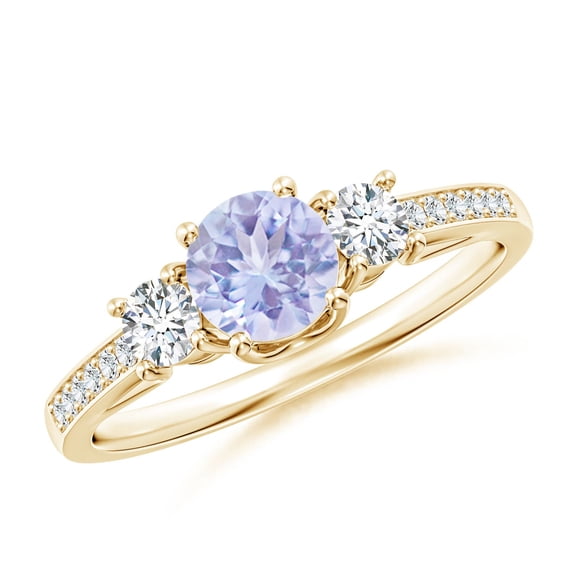 ANGARA Natural Prong Set Tanzanite and Diamond Three Stone Engagement Ring in 14K Yellow Gold for Women (Size-5mm) | December Birthstone, Anniversary, Jewelry Gift for Women | Natural Tanzanite Ring