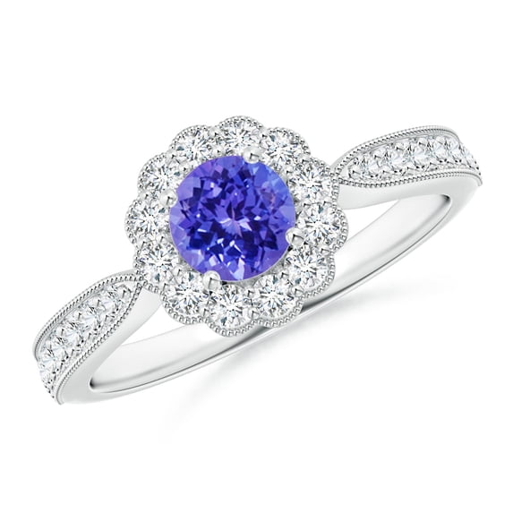 ANGARA Natural Vintage Inspired Tanzanite Milgrain Ring with Diamond Halo in 14K White Gold for Women (Size-5mm) | December Birthstone, Anniversary, Jewelry Gift for Women | Natural Tanzanite Ring