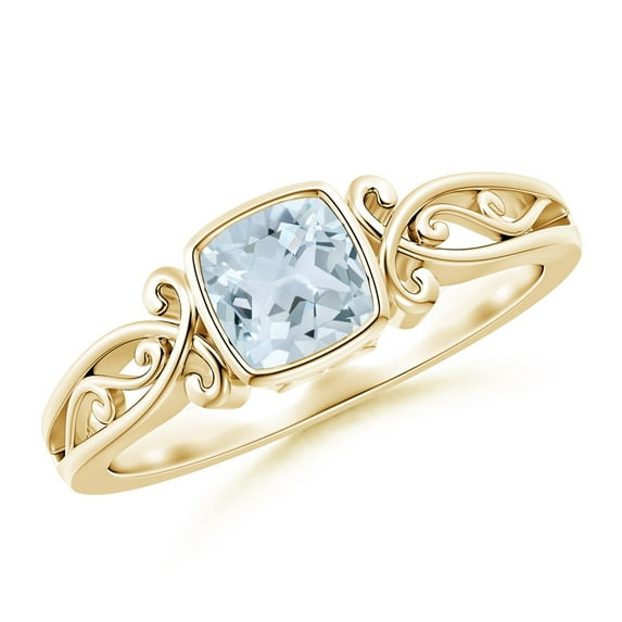 ANGARA Natural Vintage Style Cushion Aquamarine Solitaire Engagement Ring in 14K Yellow Gold for Women (Size-5mm) | March Birthstone, Anniversary, Jewelry Gift for Women | Natural Aquamarine Ring