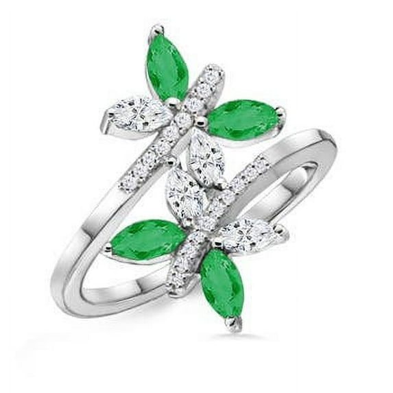 ANGARA Natural Emerald and Diamond Butterfly Bypass Ring in 14K White Gold for Women (Size-5x2.5mm) | May Birthstone, Birthday, Anniversary, Jewelry Gift for Women | Natural Emerald Ring