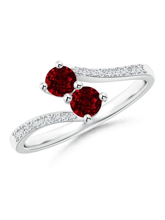 Natural Two Stone Ruby Bypass Ring with Diamond Accents in 14K White Gold for Women (Size-3.7mm) | July Birthstone, Birthday, Anniversary, Jewelry Gift for Women | Natural Ruby Ring