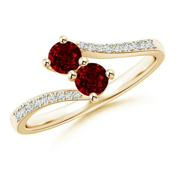 ANGARA Natural Two Stone Ruby Bypass Ring with Diamond Accents in 14K Yellow Gold for Women (Size-3.7mm) | July Birthstone, Birthday, Anniversary, Jewelry Gift for Women | Natural Ruby Ring