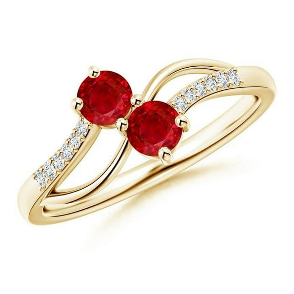 ANGARA Natural Classic Two Stone Ruby Bypass Split Shank Ring in 14K Yellow Gold for Women (Size-3.7mm) | July Birthstone, Birthday, Anniversary, Jewelry Gift for Women | Natural Ruby Ring