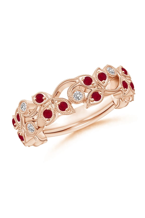Natural Nature Inspired Round Ruby & Diamond Vine Ring in 14K Rose Gold for Women (Size-1.5mm) | July Birthstone Jewelry for Her | Natural Ruby Rings
